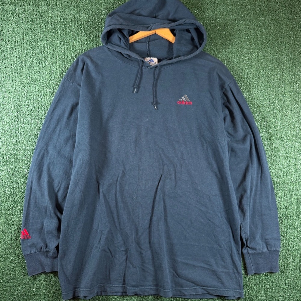 Adidas Hooded T-Shirt Mens Large Navy Blue Good Vintage Made in USA Logo